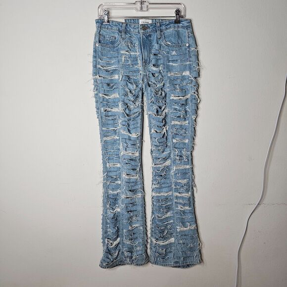 NWOT Frame Atelier Blue Light Wash Ankya Low Rise Flare Shredded Denim Jean 25 - Picture 5 of 10